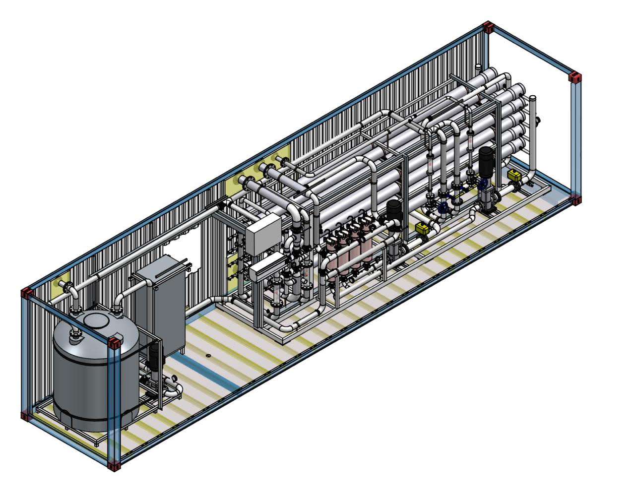 Container-based modular water filtration unit with tanks, pumps and membrane arrays