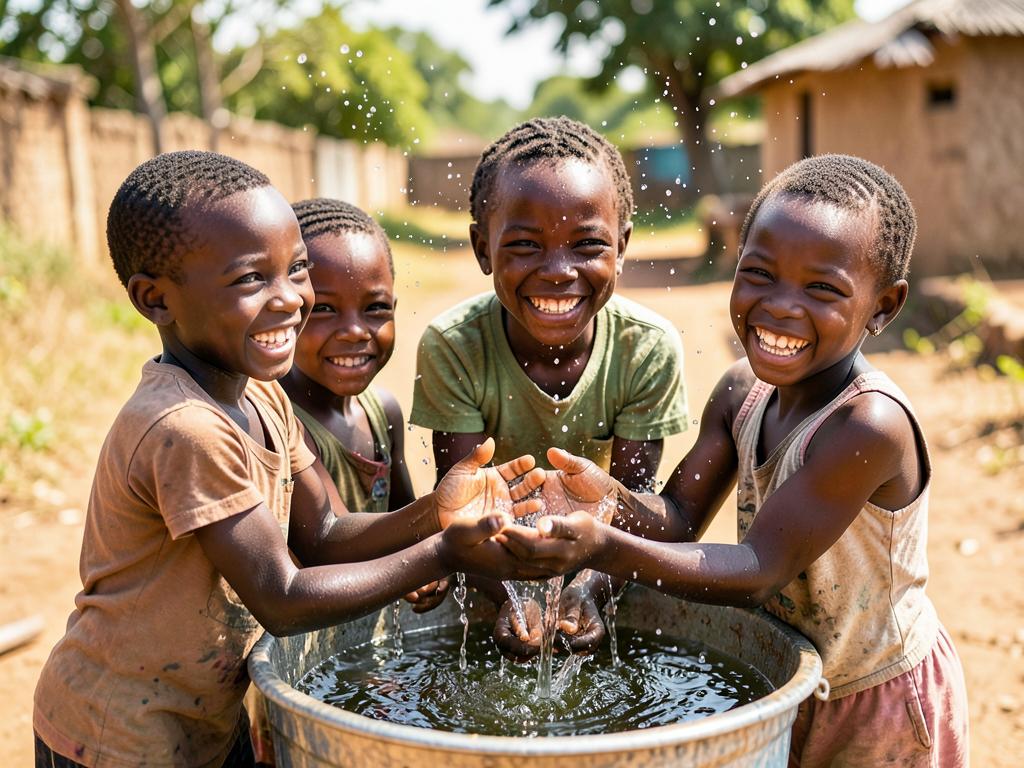 Children smiling while playing with fresh water