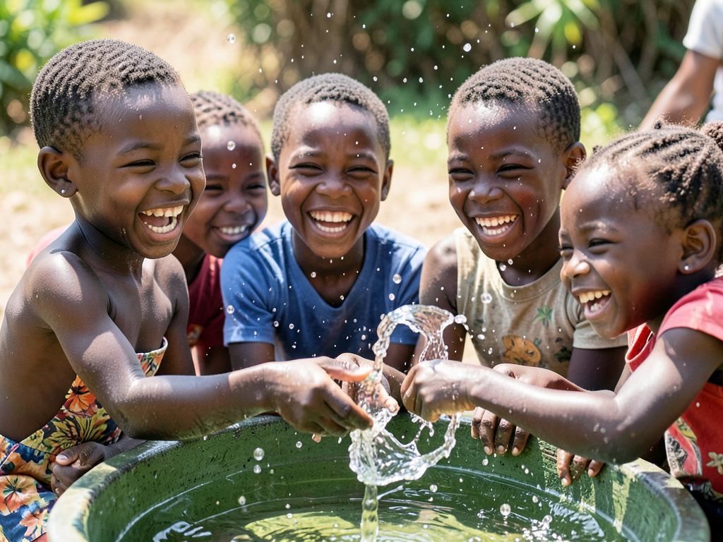 Children laughing together at a clean water source